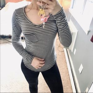 Striped ribbed long sleeve pocket top